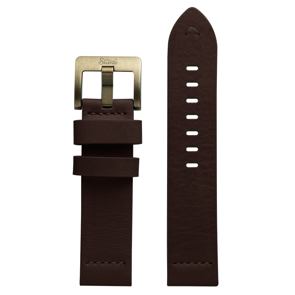 Szanto 22mm 5200 Series Brown Waterproof Leather Strap/Antique Gold Buckle