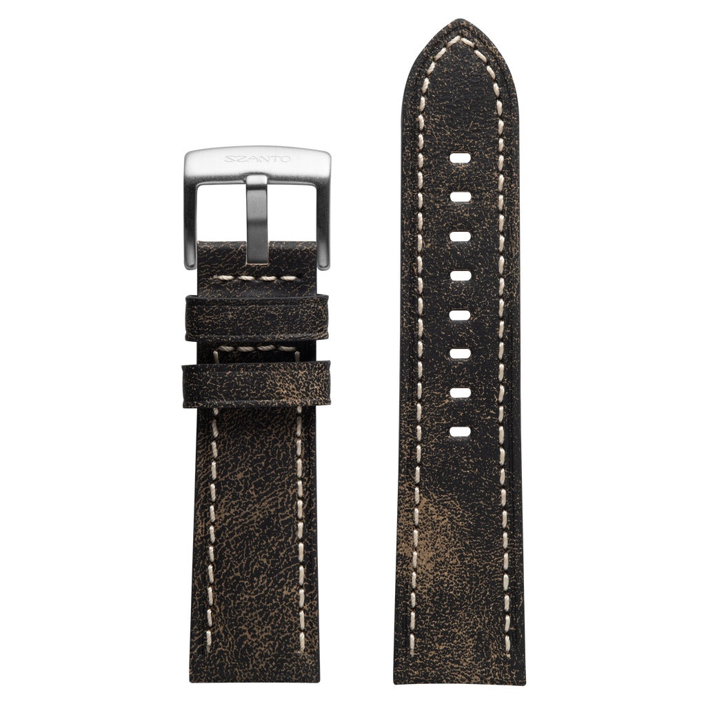 Szanto 24mm 2000 Series Black Leather Strap with Ivory Stitch/Stainless Steel Buckle