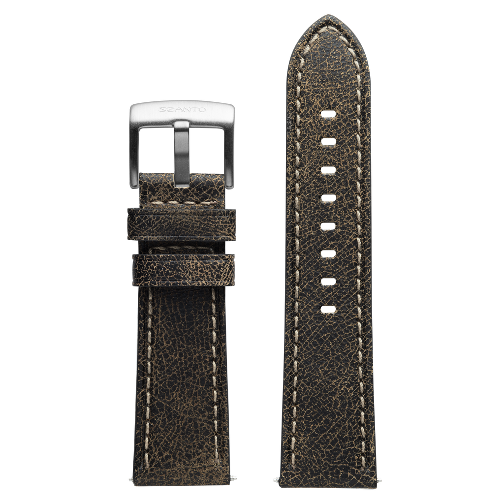 Szanto 24mm 2600 Series Black Leather Strap with Cream Stitch/Stainless Steel Buckle