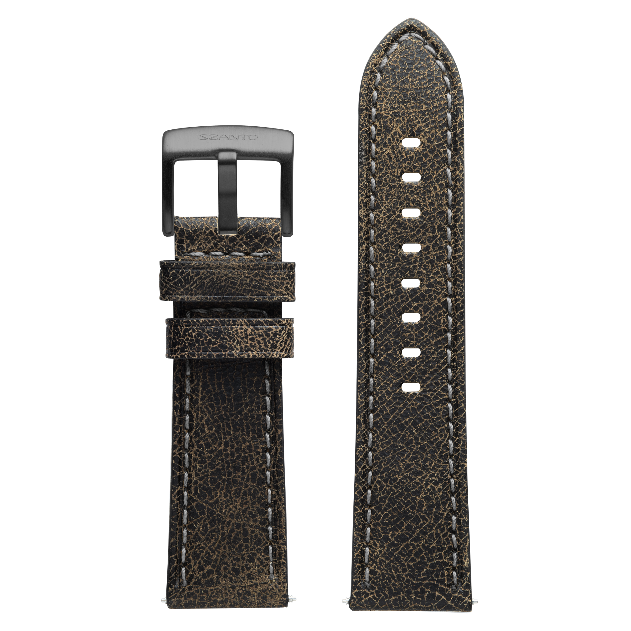 Szanto 24mm 2600 Series Black Leather Strap with Gray Stitch/Gun Gray Buckle