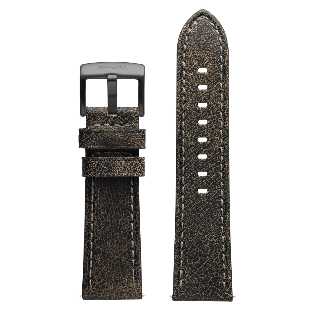 Szanto 24mm 2600 Series Black Leather Strap with Gray Stitch/Gun Gray Buckle