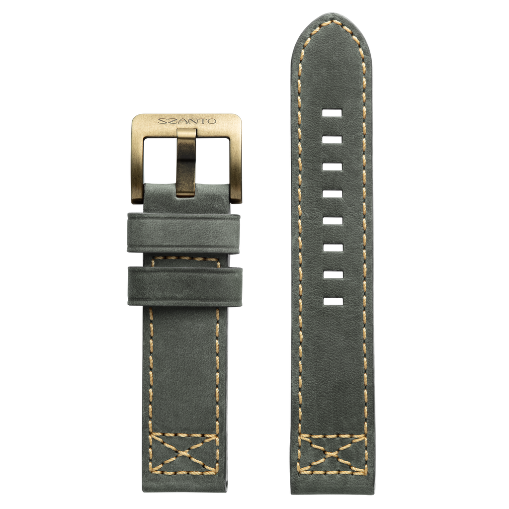 Szanto 22mm 4000 Series Gray Leather Strap/Antique Gold Buckle